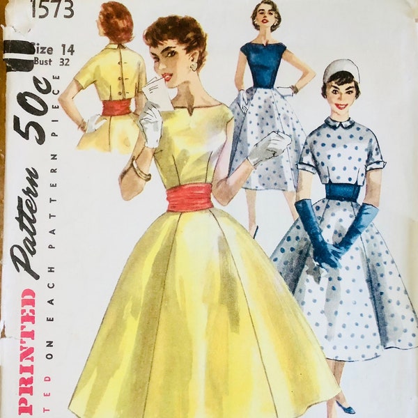 Vintage 1950's Simplicity Pattern 1573 Full Skirt Dress with Bateau Neckline, Cap Sleeve Turnaround Cropped Jacket Back Buttons Bust 32