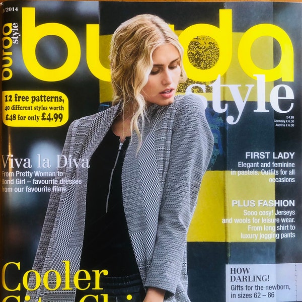 Le magazine Burda Style de novembre 2014 comprend des patrons de couture pour pantalons de jogging, robes glamour, pantalons étroits, manteau avec ceinture à nouer, chemisier élégant