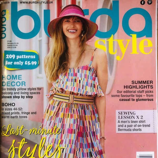 Le magazine Burda Style de juillet 2019 comprend des patrons de couture pour bermudas, robes d'été, hauts, styles bohèmes grande taille, chemise en lin pour homme