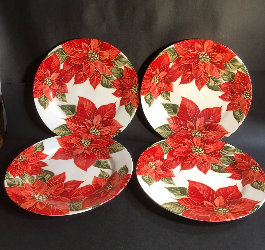 Christmas Poinsettia Dinner Plates Set of 4 Christmas Dinnerware 10.5 ...