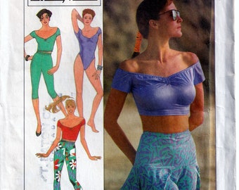 Vintage Retro 1980's Simplicity Pattern 8560 Misses Bodysuit, Pull on Leggings, Leotards, Crop Top, Short Flared Skirt Uncut Size 6 8 10