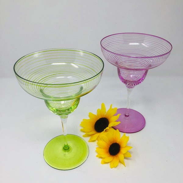 Margarita Glasses Set of Two Pink and Green Fine Stripe Glasses Large Capacity 16 Ounces