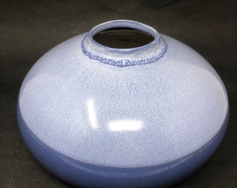 Two Tone Blue Ceramic Pottery Squat Vase Hand Made Light Speckled Blue and Solid Sky Blue 8 1/2" Wide