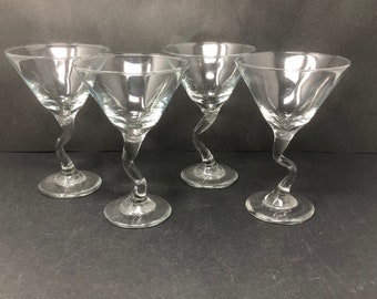 1980s Zig Zag Z-Stem Martini Glasses, 9-Ounce, Set of 4 Clear Glass Vintage Retro Barware