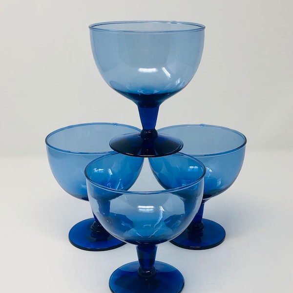 Vintage Hand Blown Mexican Margarita Glasses Set of 4 Cobalt Blue Wine Glasses Dessert Bowls Water Goblets Made in Mexico