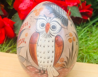 Handcraft Tonala Pottery Egg Orb with Painted Scene Owl, Quail, Butterfly, Cactus Made in Mexico 5 1/2" Tall