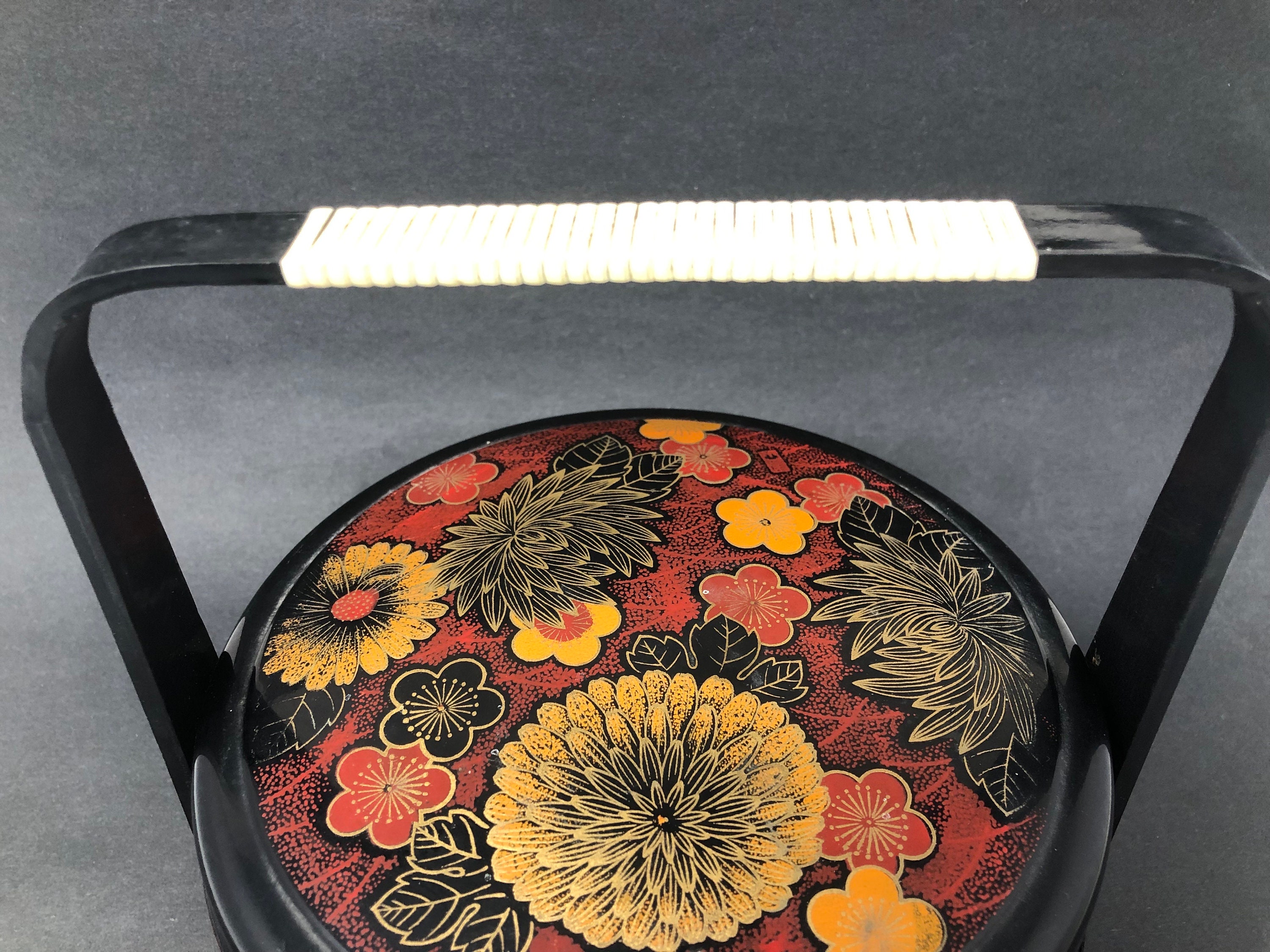 Vintage Two Tier Japanese Bento Lunch Box With Handle Floral Design Two