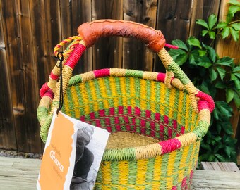 Artisan Bolga Basket Made in Ghana Woven Blessing Basket with Leather Wrapped Handle, Handmade Basket, Market Garden Tote Durable Strong