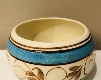 Mexico Hand Made Art Pottery Bowl ~ Trinket Dish ~ Decorative Blue, Brown & Cream Vintage