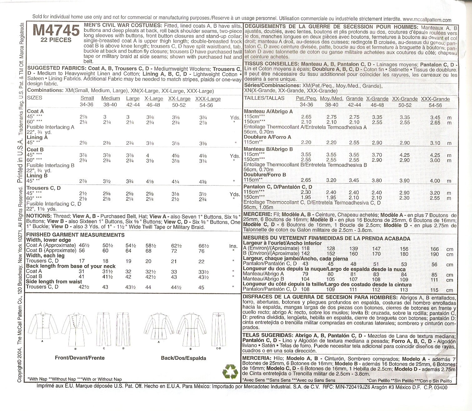Mccalls M4745 Mens Military Uniform Pattern Fitted Lined Long Coat