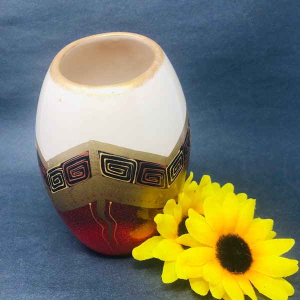 Vintage Drop Mouth Ceramic Vase Red Gold Black Cream Interesting Designs Unknown Mark 6 3/4" Tall