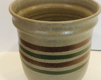 Stoneware Pottery Planter with Red and Green Stripes, Rough Concrete Style Finish, Ridged Made in USA