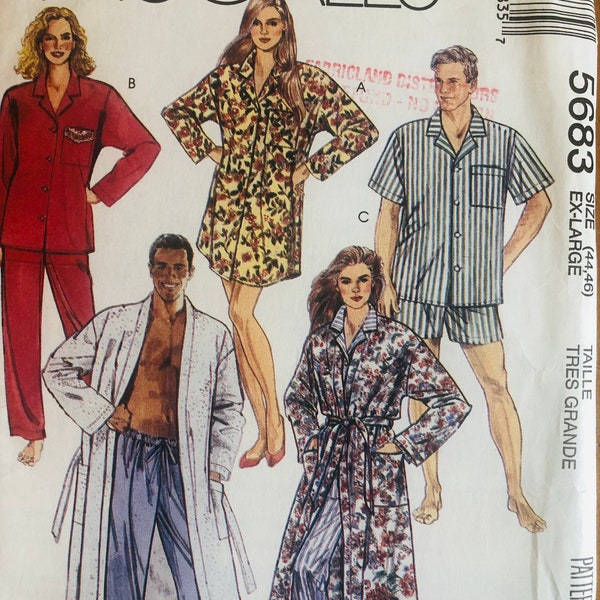 His and Her Nightshirts Robes Classic Pajama Top Pants Shorts Easy Uncut McCalls Pattern 5863 Chest 44" - 46"