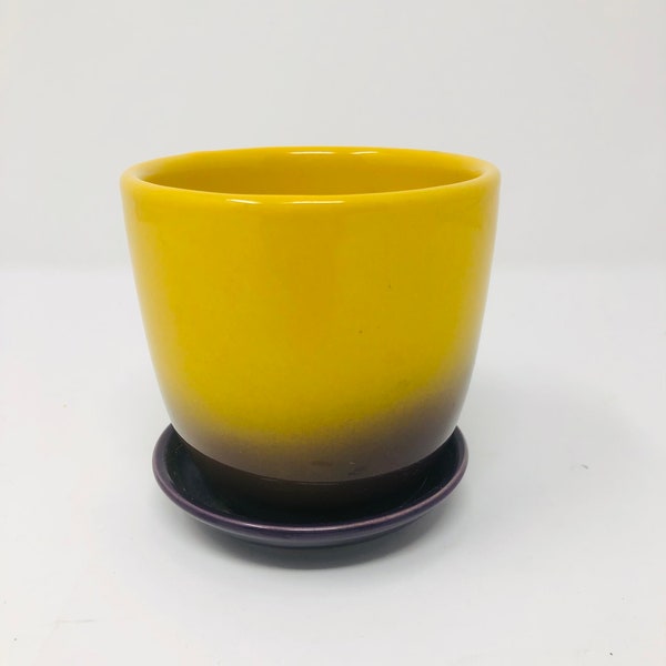 Marigold Yellow and Purple Planter Pot with Base Ceramic Plant Holder Bright Sunny Decor for Small Plant Succulent 4 1/2" High