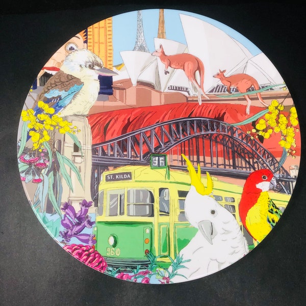 Melamine Australia Serving Platter Tray from Mozi Large 14" Round Platter Kangaroo Kookabura Cockatoo Opera House