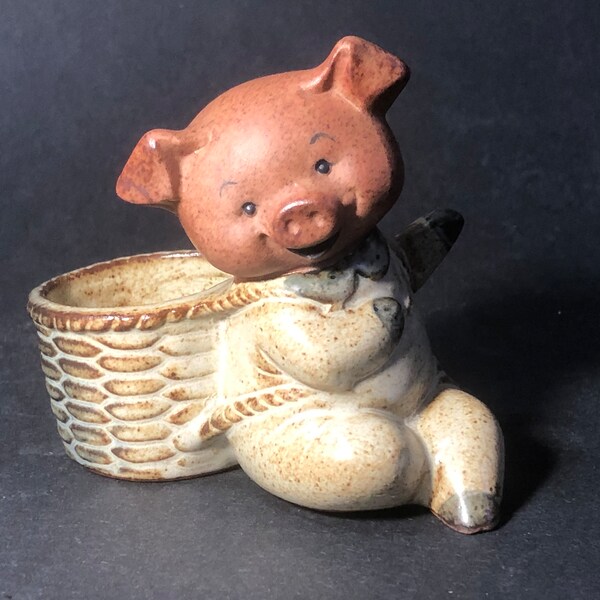 Vintage UCTCI Pottery Pig Planter or Toothpick Holder Succulent or Small Plant, Animorphic Cute Stoneware Pig