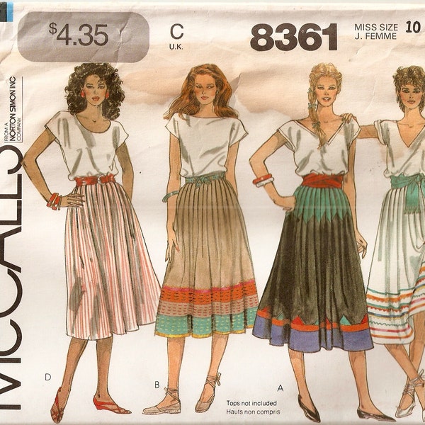 McCalls 8361 Womans Flared Skirts Waistband Pleats Seam Pockets Contrast Bands Ribbon Rick Rack Uncut 1980s Sewing Pattern Size 10