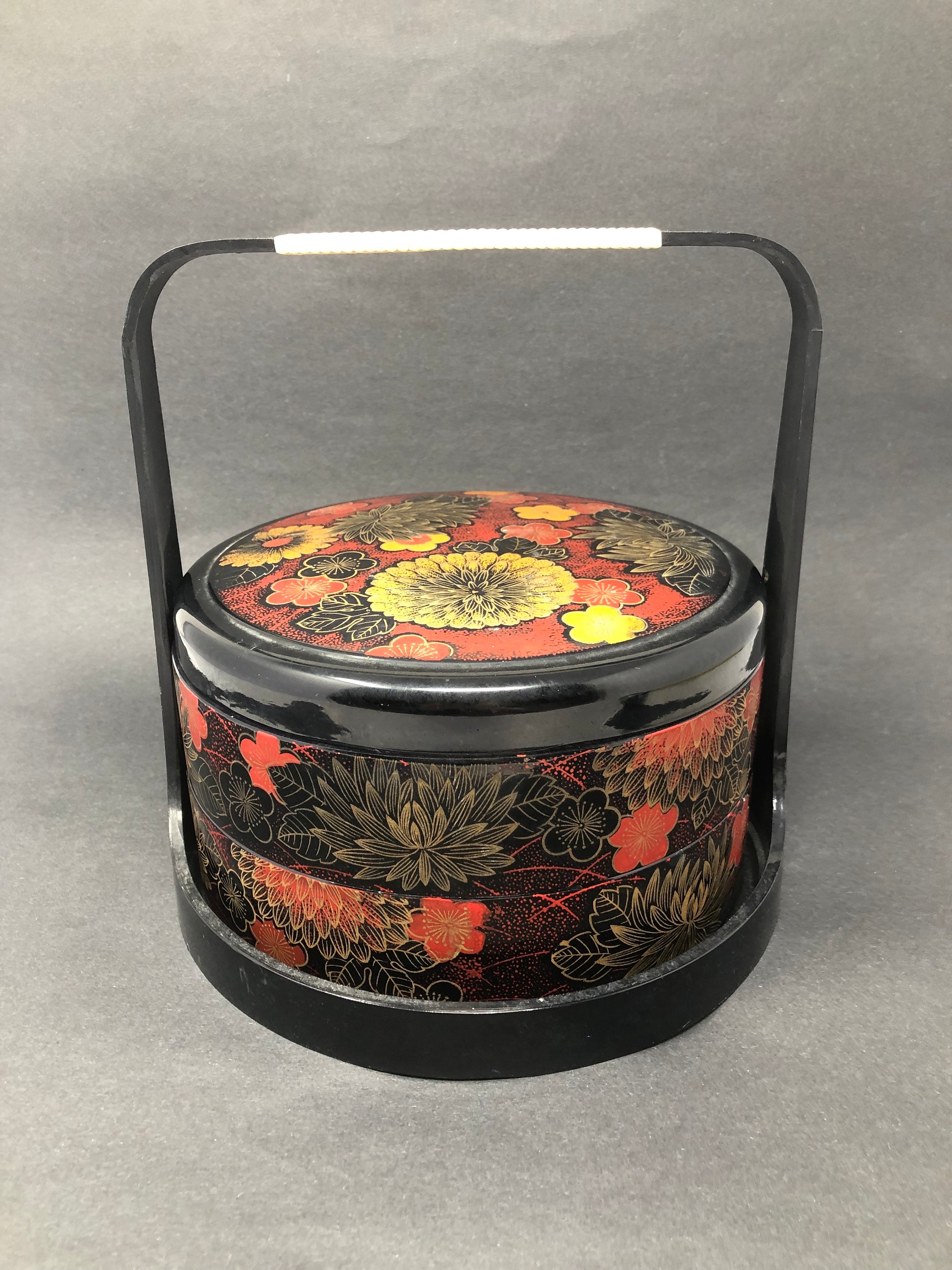 Vintage Two Tier Japanese Bento Lunch Box With Handle Floral Design Two