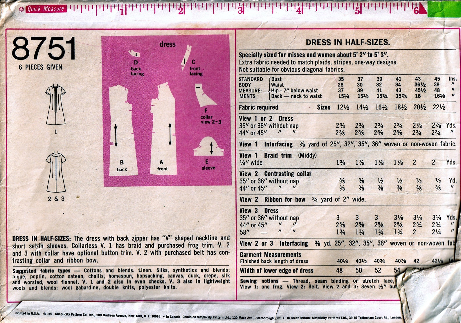Vintage 1970s Simplicity Pattern 8751 Womans V Neck Dress Short Sleeves ...