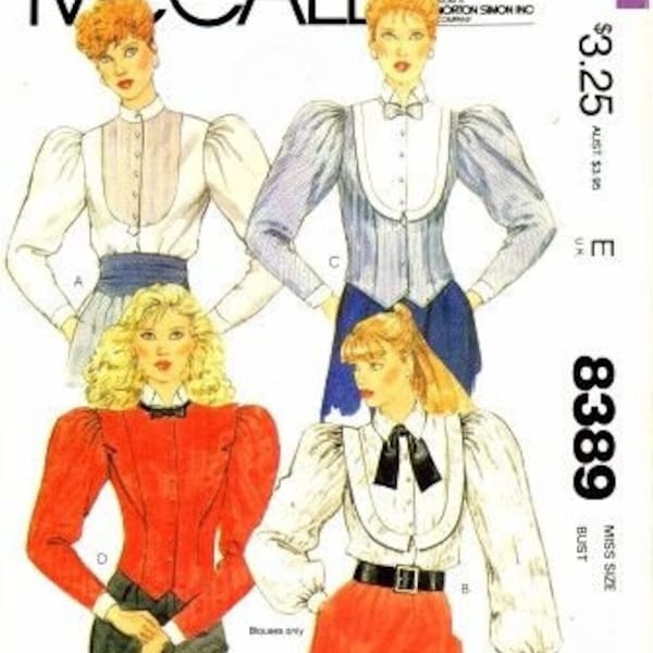 McCalls 8389 Womens Front Button Blouse Gathered Cap Sleeve Stand or Wing Tip Collar Front Bib Uncut 1980s Vintage Sewing Pattern Size 8