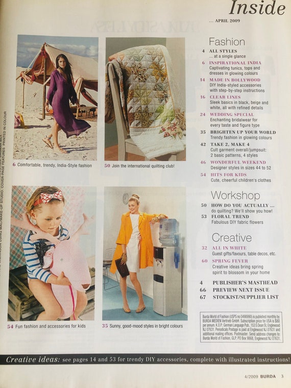 La revista Burda Style de abril de 2009 incluye patrones de costura para prendas basicas refinadas vestidos de novia vestidos estilo India blusas tunicas y tallas grandes. Etsy Espana