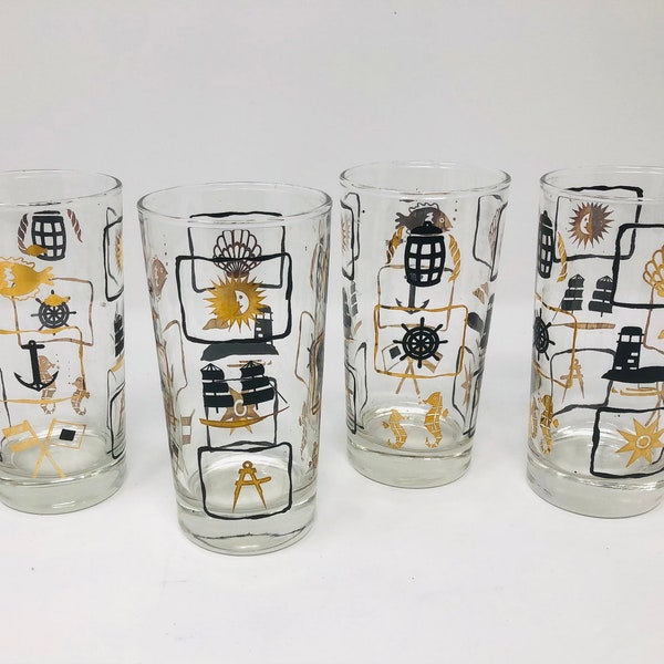 Dominion Glassware Set of 4 Nautical Ocean Lake Theme Gold and Black High Ball Glasses Tall Drinking Glasses Barware Vintage