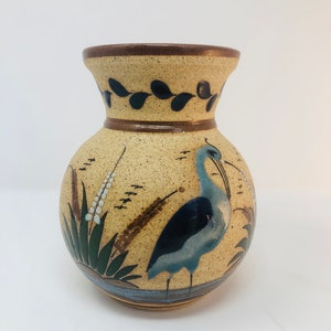 Tonala Stoneware Pottery Vase Mexico Blue Heron Bird Flowers Design Speckled with High Gloss Glaze
