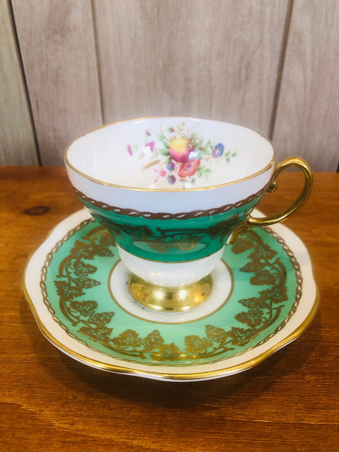 EB Foley Fine Bone China Teacup and Saucer Cream With Thick Green Band ...