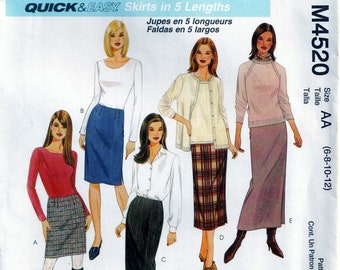 McCalls Quick and Easy Pattern 4520 Womans Misses Pencil Narrow Slim Skirts in 5 Lengths Ankle Calf Knee Above Knee  Uncut Size 6 8 10 12