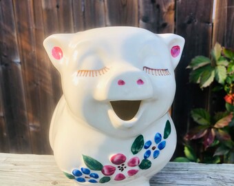 Shawnee Pottery Smiley Pig Pitcher - Large Pitcher with Blue Pink Flowers ~ Vintage USA Pottery 1940s 1950s