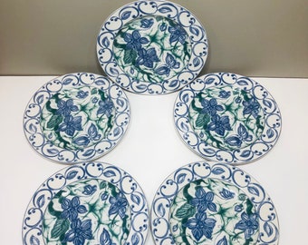 Butterfly Batik Salad Plates Set of 5 PTS International Interiors Stoneware 8" Blue & Green Design Plates
