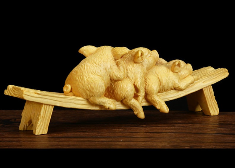 chinese folk art Yueqing boxwood carving figure three pigs