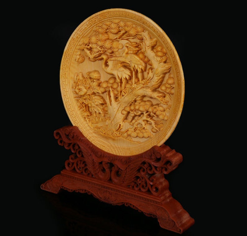 Chinese Folk Art Yueqing Boxwood Carving Plate: Crane | Etsy