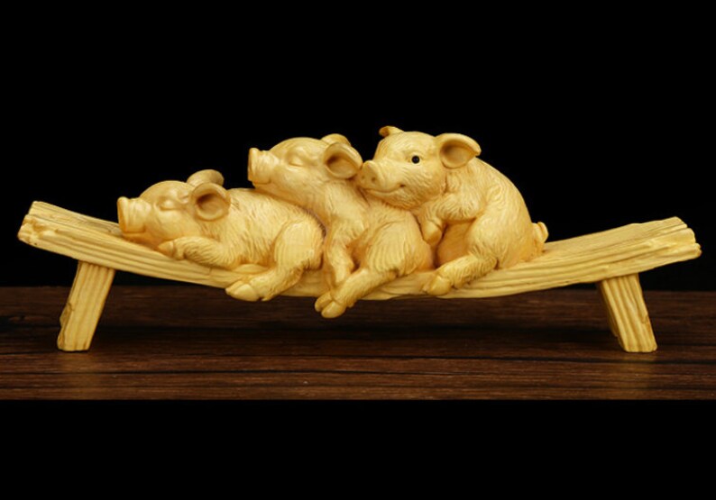 chinese folk art Yueqing boxwood carving figure three pigs
