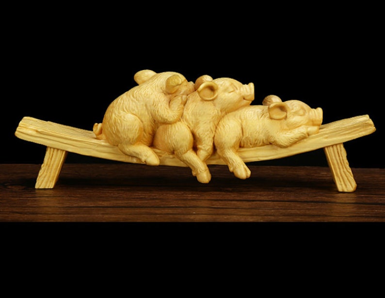 chinese folk art Yueqing boxwood carving figure three pigs