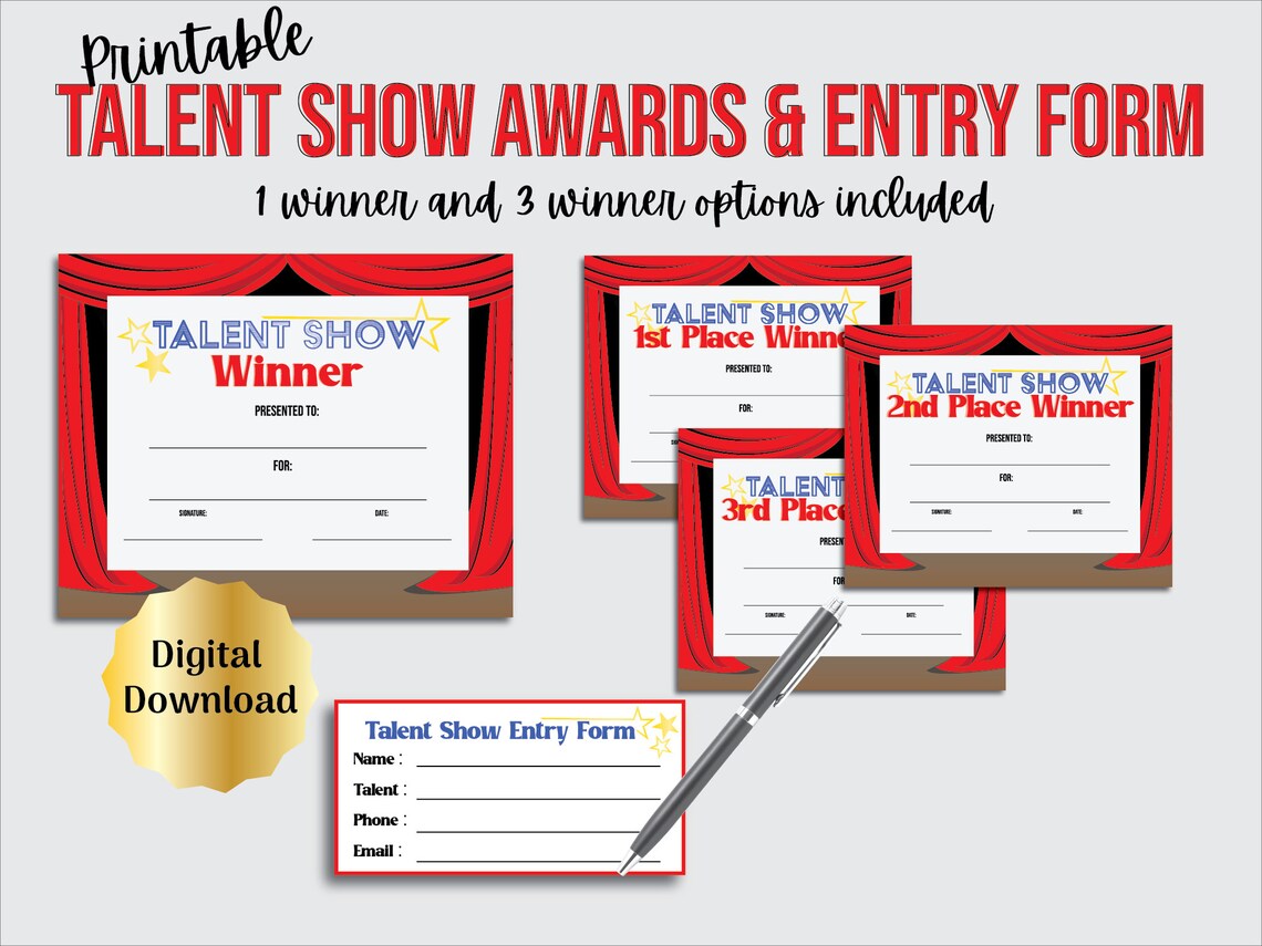 Talent Show Award Certificates and Entry Form for Contest, Talent ...