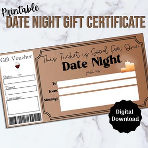 Vale de regalo para una cita romántica para parejas, plantilla de boleto para una cita romántica imprimible, vale de regalo en formato PDF editable