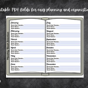 May include: A printable book club planner with a book cover design. The planner has a section for each month of the year with fields for book club members, book name, and book author.