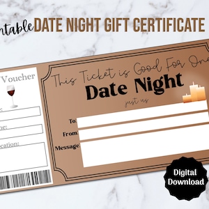 Date Night Gift Certificate Voucher for Couple, Printable Date Night ...