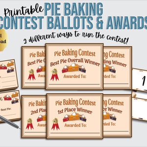 Cédulas e certificados de prêmio do concurso de tortas para impressão e cartões de mesa para Pie Bake Off, Thanksgiving Bake Off, Pi Day Pie Contest Awards