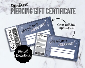 Vale de regalo para piercing, Certificado de regalo para piercing corporal, Vale de regalo en PDF imprimible y editable