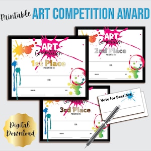 Art Competition Award Certificate includes 1st 2nd and 3rd place, Printable Art Certificate Template for Contest