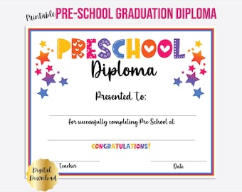 Diploma de graduación preescolar editable, certificado de graduación preescolar imprimible, certificado de fin de año, descarga instantánea.