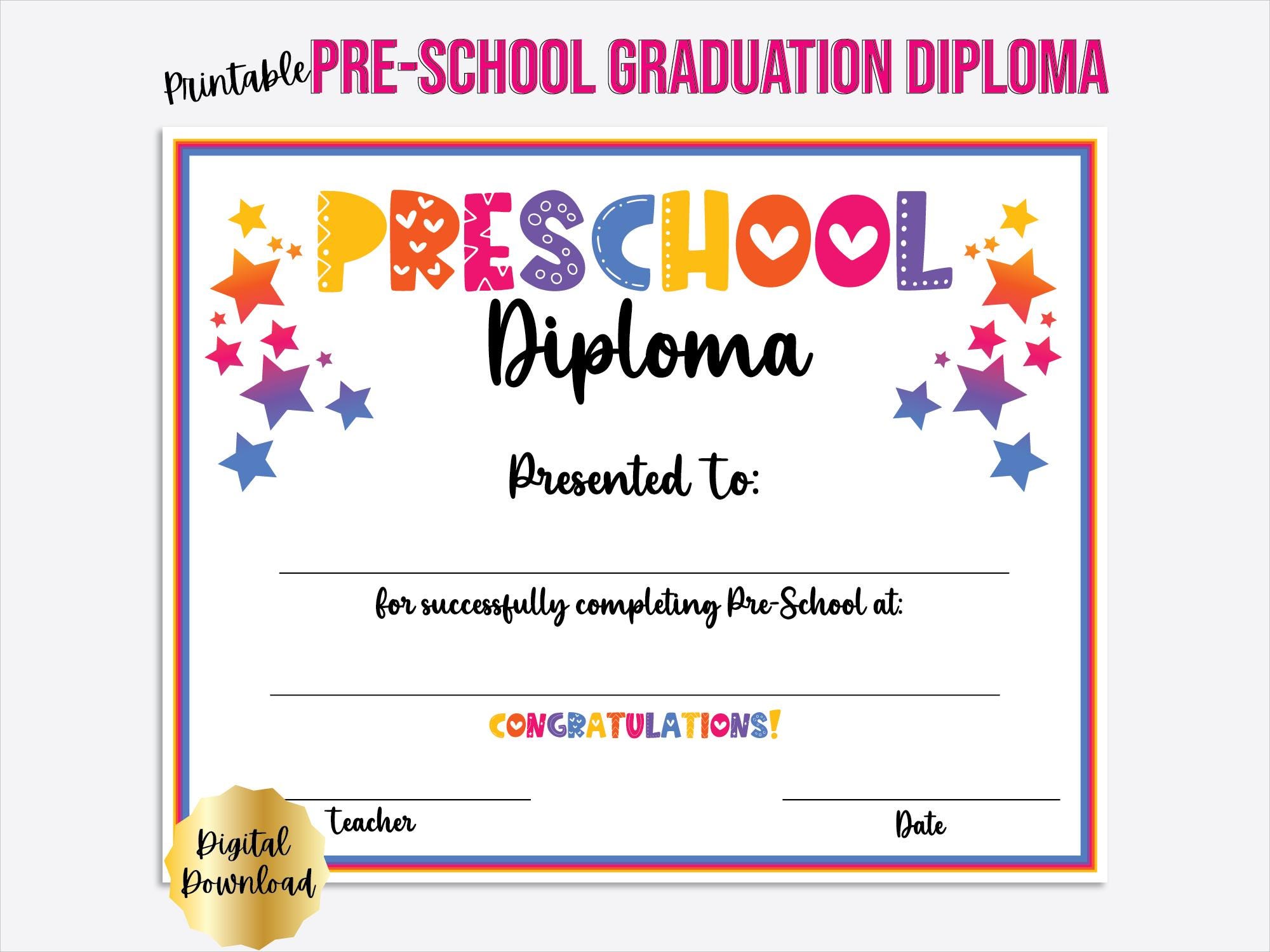Preschool Graduation Diploma Certificate Printable, Preschool Graduate, Template Includes Editable PDF - Etsy preschool-graduation-diploma-certificate-printable-preschool-graduate-template-includes-editable-pdf-etsy
