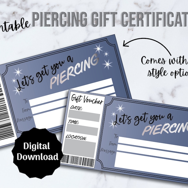 Piercing Gift Certificate Voucher, Body Piercing Gift Certificate, Printable Editable PDF Gift Voucher