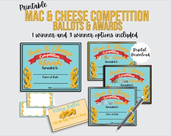 Schede di voto e premi per la gara di Mac and Cheese, gara di cucina di Mac and Cheese, stampabile per la gara di cucina di Macaroni and Cheese