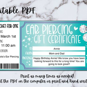 Ear Piercing Voucher, Ears Pierced Gift Certificate, Editable PDF Gift ...