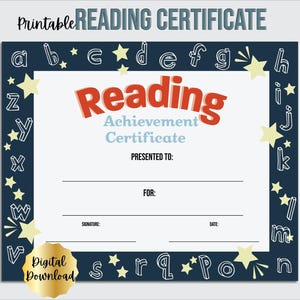 Reading Certificate Template, Award of Recognition, Editable PDF Digital Download, Classroom Award, End of the Year Award