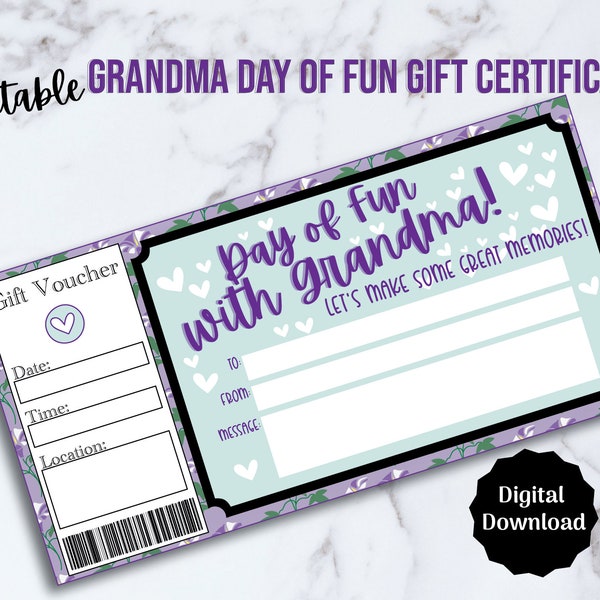 Fun Day with Grandma Ticket, Kids Experience Voucher, Day With Grandma Gift Coupon, Printable and Editable PDF Gift Certificate