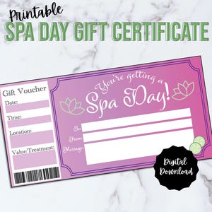 Chèque-cadeau pour une journée au spa imprimable, chèque-cadeau pour une journée au spa, chèque-cadeau modifiable au format PDF pour la fête des mères, un anniversaire ou la Saint-Valentin